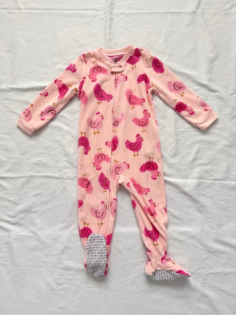 Carters Girls Fleece Bodysuit Pajamas | Pink with Chickens Print | 2T / 2A